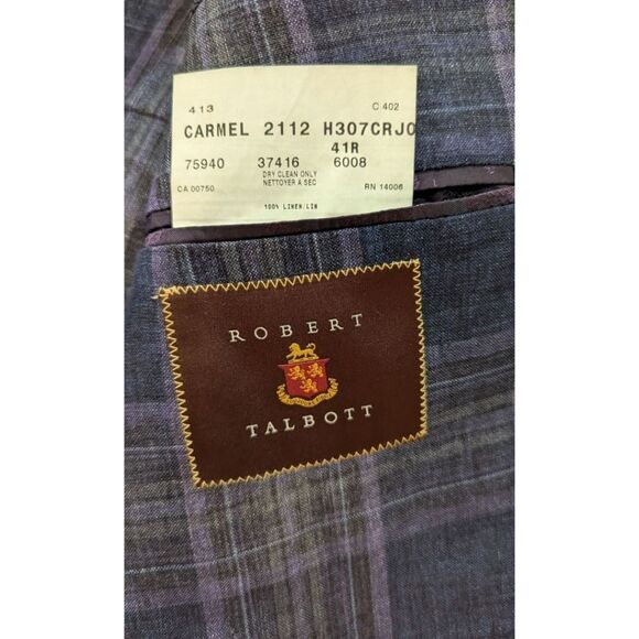 Robert Talbott Carmel Men's 41R Plaid Blue/Purple 100% Linen Blazer Two Button - Picture 9 of 10